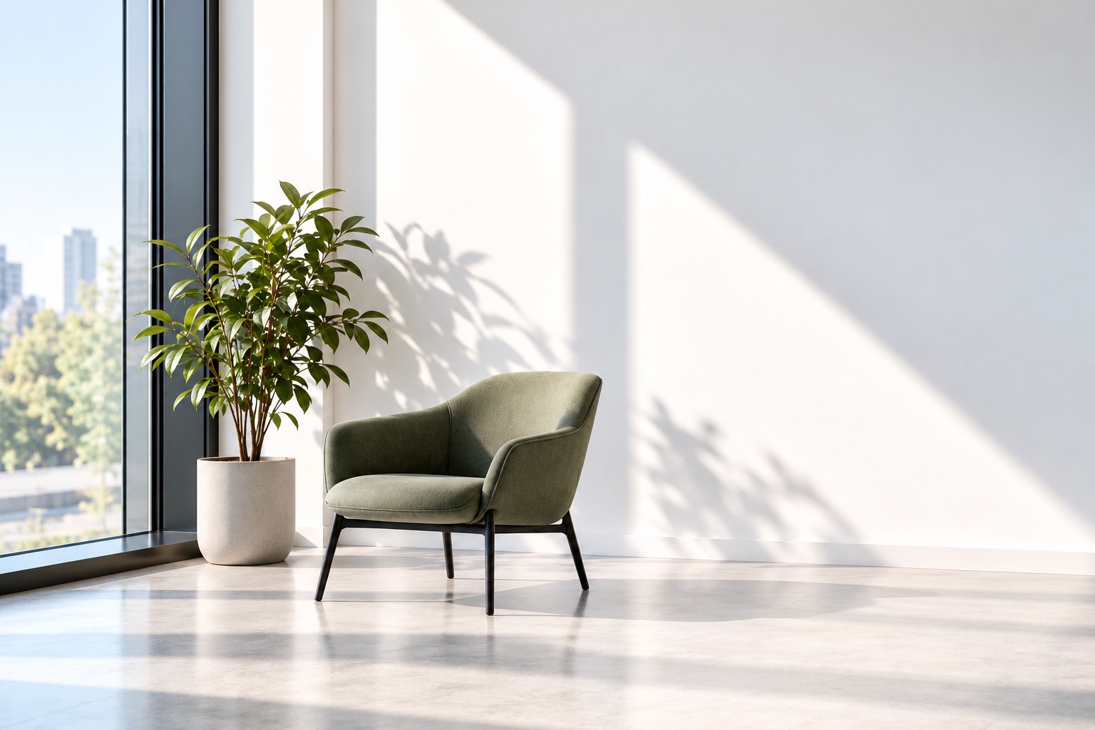 Groene fauteuil en een plant bij een groot raam