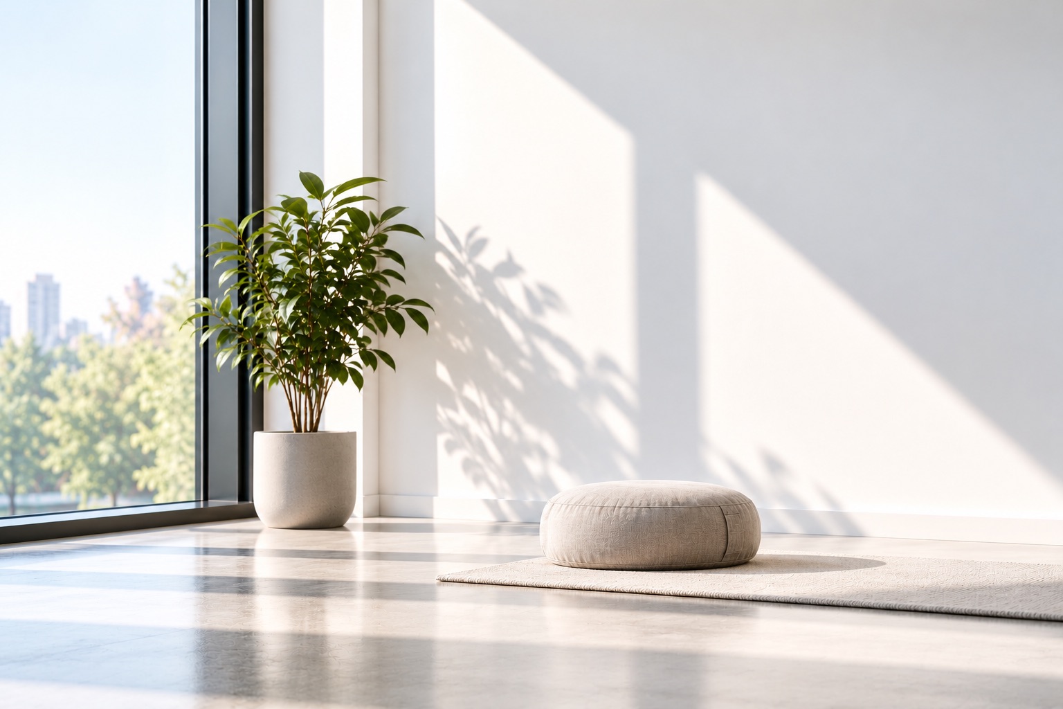 Meditatiekussen en een plant in een zonnige kamer