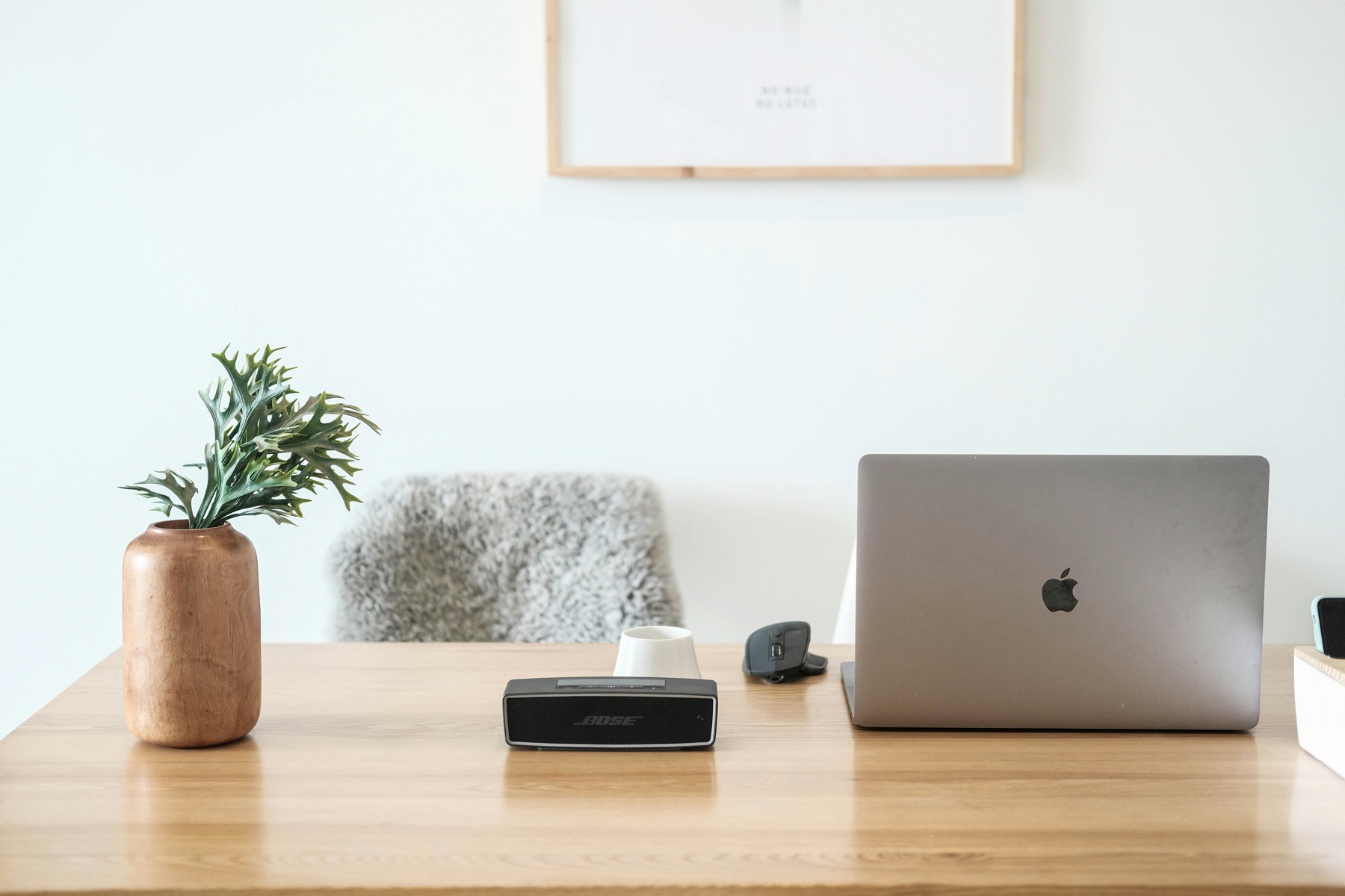 Bureau met een laptop en een plant